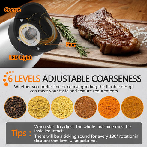Gravity Electric Salt and Pepper Grinder Set, USB Rechargeable, Automatic Mill Grinder with Adjustable Coarseness