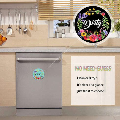 Dishwasher Magnet Clean Dirty Sign Indicator, Double Sided Kitchen Magnet with Magnetic Plate, Reversible Flower Wreath
