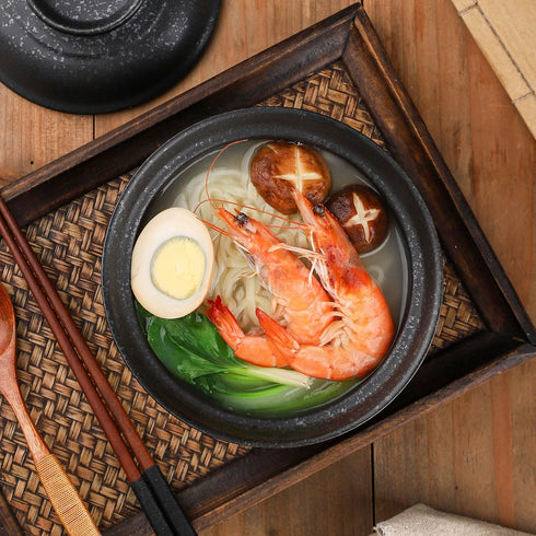 VanEnjoy Microwavable Ramen Bowl with Lid, 25 Oz Japanese Soup Bowl, Black Ceramic