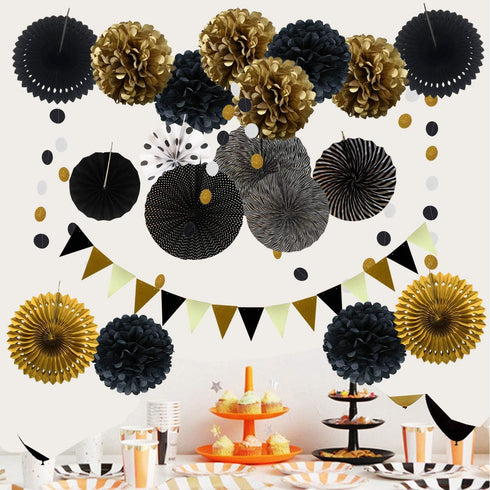 ZERODECO Party Decoration, 21 Pcs Black and Gold Hanging Paper Fans, Pom Poms, Garlands for Birthday Wedding Décor
