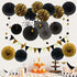 ZERODECO Party Decoration, 21 Pcs Black and Gold Hanging Paper Fans, Pom Poms, Garlands for Birthday Wedding Décor