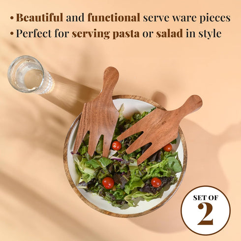 Folkulture Salad Hands or Set of 2 Acacia Wood Salad Servers, Salad Tongs Set, Salad Claws, Salad Fingers for Serving Salad Mixes, Pasta, Fruit 3.25 X 8.25 Inch (Natural) by Folkulture