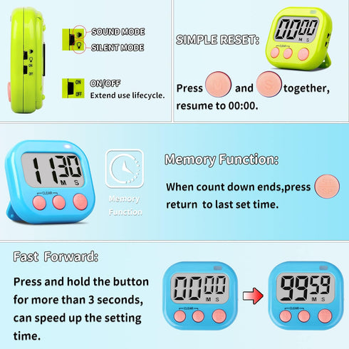 Digital Kitchen Timer for Kids and Teachers - Large Magnetic Classroom Timer, 2-Pack (Blue Green)