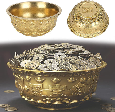 Brass Treasure Bowl Feng Shui Ornaments, Wealth Good Luck Prosperity Bowl Craft Collectible Figurines for Home Office