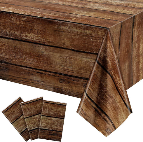 Irenare 3 Pcs Brown Wood Grain Tablecloths, Rustic Plastic Table Covers for Rectangle Table, Vintage Farmhouse