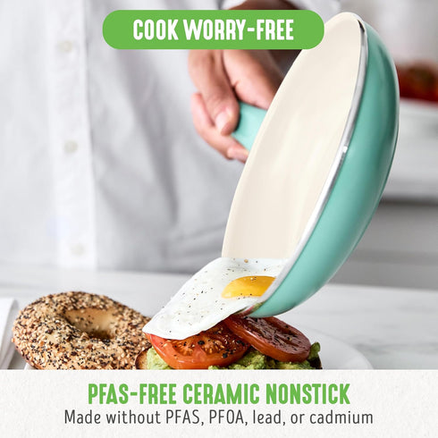 GreenLife 8” Frying pan Skillet & Silicone Spatula, PFOA/PFAS- Free Ceramic Nonstick Breakfast Egg Omelet Pan Cookware Set, Easy to Clean Frypan, Dishwasher Safe, Stay-Cool Handles, Turquoise by GreenLife