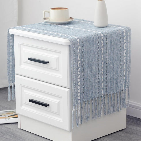 36 Inches 15x36 Inches Farmhouse Rustic Blue Table Runner with Tassels Boho Linen Style Braided Striped Table Runners