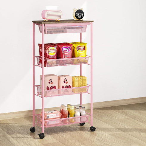 4-Tier KINGRACK Slim Storage Cart, Metal Rolling Cart, Organizer with Wooden Tabletop and Drawer Basket, Mobile