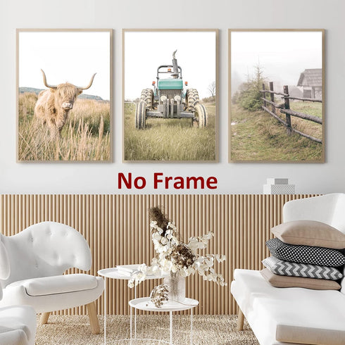 Farmhouse Scenery Pictures, Rustic Cow Wall Art, Vintage Farm Landscape Painting for Living Room