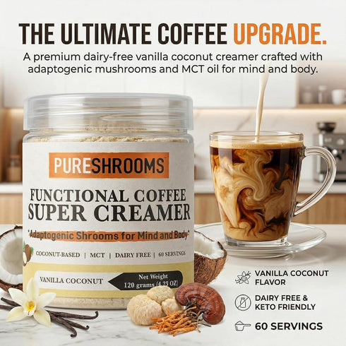 120g 4.2 oz) Functional Coffee Super Creamer - Vanilla - Coconut Milk Powder, MCT, Organic Lions Mane, Reishi
