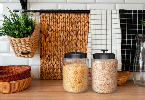 KooK Glass Storage Containers with Lids, 1 Gallon, Set of 2, Black Circular Glass Jars for Kitchen Storage