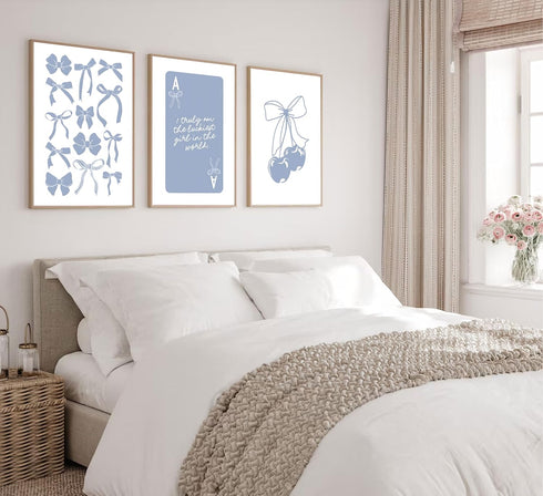 Preppy Blue Bows Canvas Wall Art | Trendy College Apartment Prints, Lucky Girl Syndrome Posters, Aesthetic Girly Wall