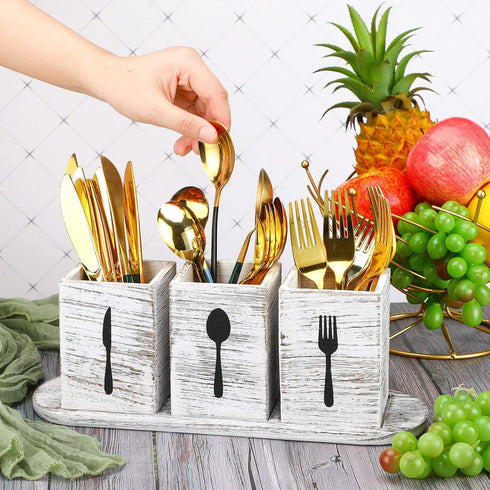 Kathfly 4 Pcs Silverware Caddy Utensil Holder - Countertop Organizer with Wood Tray for Kitchen Parties (Retro White)