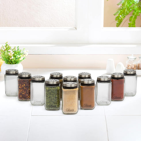 Adjustable Glass Spice Jars (Set of 12) with 6 Pouring Sizes, Stainless Steel Lid for Kitchen Storage