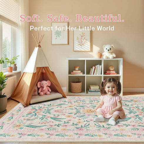 5x7 Pink Floral Nursery Rug,Pink Rugs for Bedroom Girls,Machine Washable Non Slip Soft Faux Wool Carpet,Cute Boho