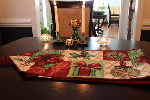 Tache Home Fashion Christmas Decorative Tapestry Table Runners with Tassels, Holiday Tidings Poinsettia 13 x 90