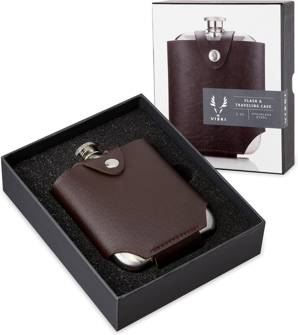 Viski Stainless Steel Flask with Traveling Case, Leather Wrap, 5oz, Brown