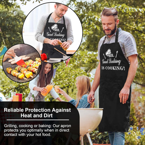 Funny Aprons for Men, MR GOOD LOOKING IS COOKING, Professional Kitchen Chef Bib Apron with Double Pocket