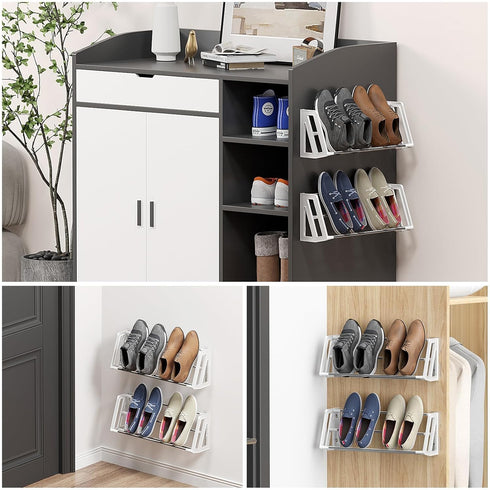 3 Pack 6 Wall Mounted Shoe Rack, Wall Shoe Rack Holds Pairs of Shoes with Sticky Adhesive Strips Shoe Organizer Space