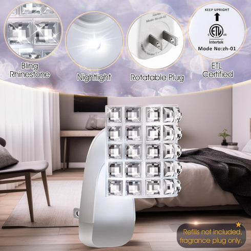Wall Fragrance Plug in with Night Light, Compatible with Bath & Body Works WallFlower Fragrance, Wall Plug Essential Oil Diffuser with Nightlight for Home, Office, Square Rhinestone (1 Pack) by Hohean
