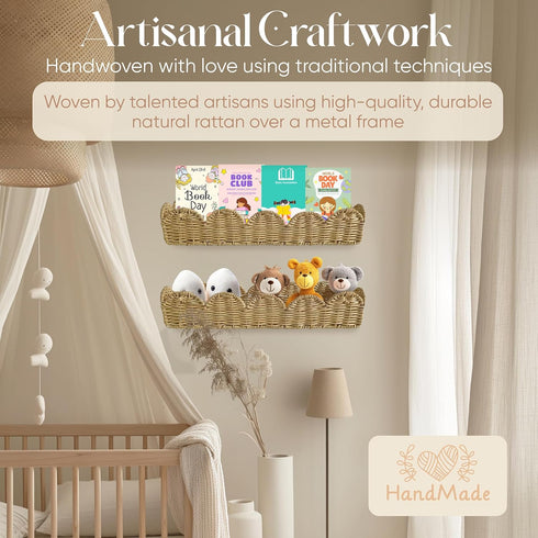 Set 2 Rattan Nursery Book Shelf, Woven Scalloped wall Shelves, Wicker Hanging Storage Basket, Baby Room Bookshelf, Wall