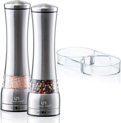 Salt and Pepper Grinder Set, Large Capacity Stainless Steel Grinders with Tray, Manual Mills, Set of 2