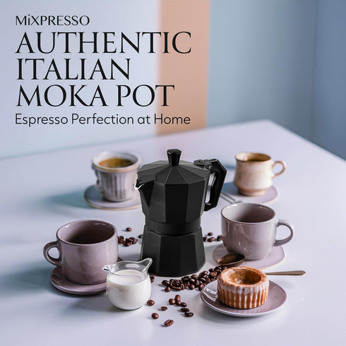 Mixpresso Black 3 Cup Moka Pot, Classic Italian Coffee Maker for Gas, Electric Stove Top, Makes 3 Espresso Cups