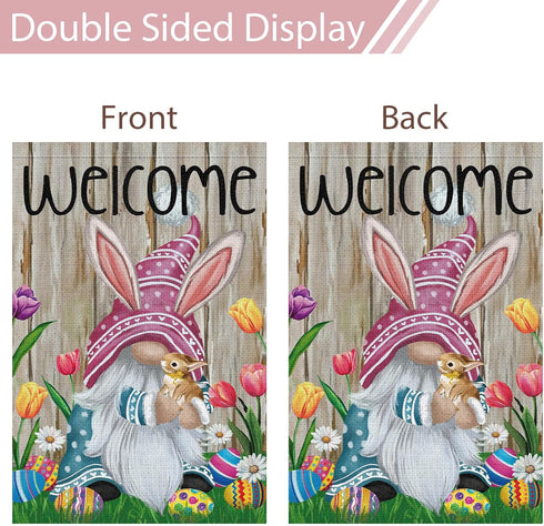 Welcome Easter Gnome Garden Flag 12x18 Double Sided Burlap, Funny Bunny Floral Small Yard Flag for Easter Holiday