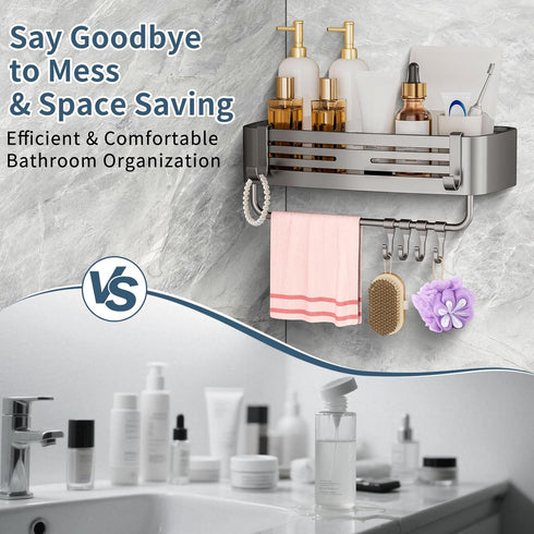 OKEJUNYE Shower Caddy Suction Cup, No Drilling Removable Shower Shelf with Towel Bar & Portable Hooks, Aluminum
