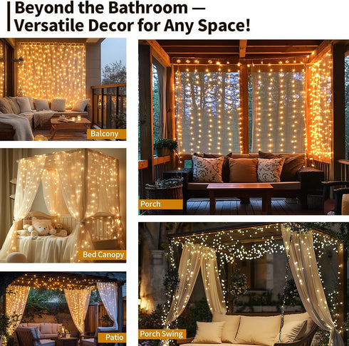 Patioman 72 Inch 8 Waterproof LED Shower Curtain Lights - Fairy Lights for Bathroom, Modes Warm White Spa Mood Lighting