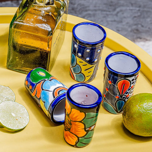 Talavera Shot Glasses Set of 4, Authentic Mexican Tequila Shot Glasses, Hand-painted, 2 Oz (Flowers Design)