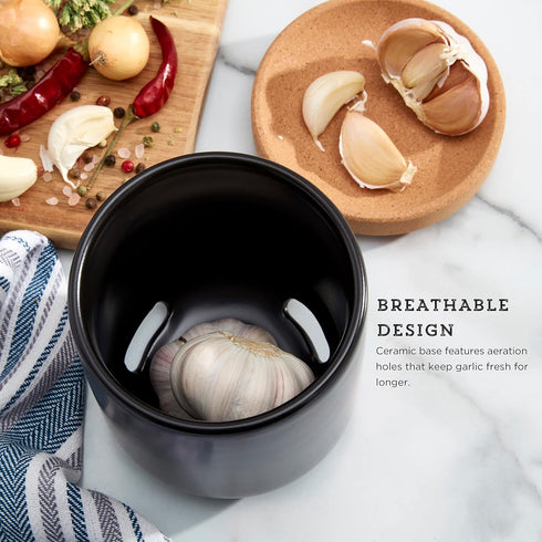Ceramic and Cork Breathable Garlic Keeper to Allow Air Flow for Freshness, Stackable Space Saving Cork Lid, Natural
