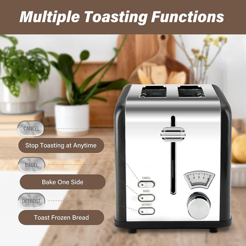YSSOA 2-Slice Toaster with Extra Wide Slot & Removable Crumb Tray, 5 Browning Setting and 3 Function: Bagel/Defrost/Cancel, Retro Stainless-Steel Style, Compact Oven, for Bread & Waffle, New Black by YSSOA