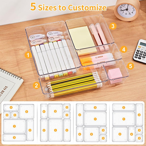 SMARTAKE 22-Piece Drawer Organizer with Non-Slip Silicone Pads, Clear Storage Trays for Makeup, Jewelry, Utensils