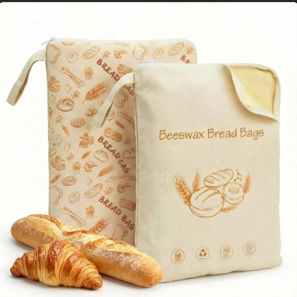 2 Packs XL Beeswax Bread Bags, Wide Zipper Access, Natural Linen Cotton