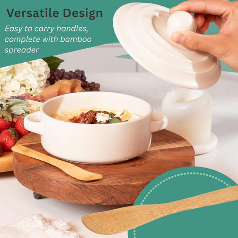 CYPRESS SUNRISE 5 Brie Baker with Lid and Spreader - White Ceramic Baking Dish for Cheese, Baked Brie, Fondue, Dip