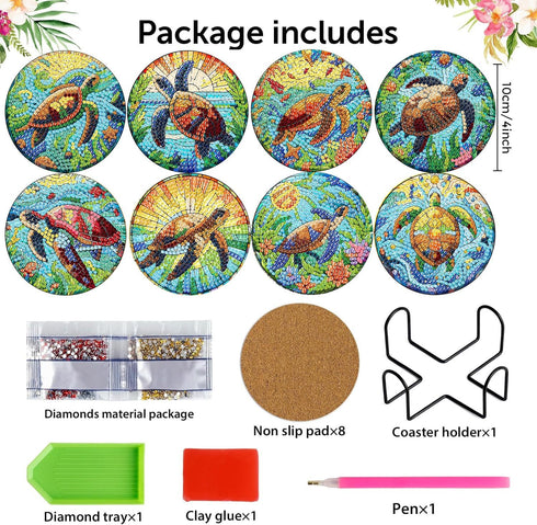 8 Pieces Diamond Art Painting Coasters Kit, Sea Turtle Diamond Art Coaster, DIY Diamonds Craft Kits for Adults