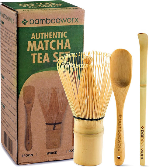 BambooWorx Matcha Whisk Set - Traditional Chasen, Scoop (Chashaku), Tea Spoon for Japanese Tea Preparation