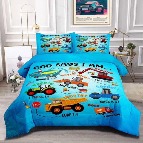 Boys Construction Vehicles Truck Comforter Set Twin,Christian Kids God Says I Am