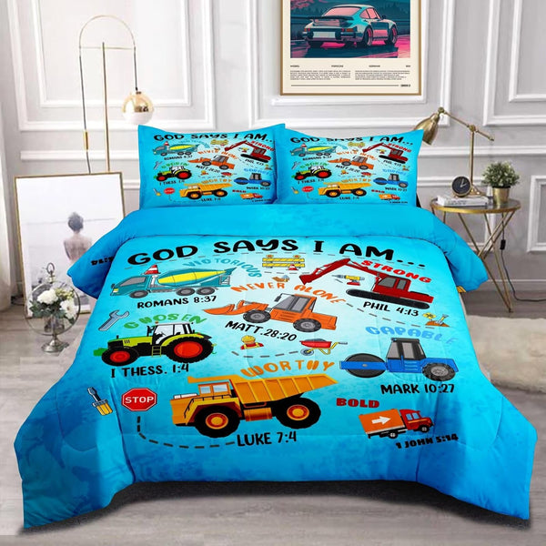 Boys Construction Vehicles Truck Comforter Set Twin,Christian Kids God Says I Am