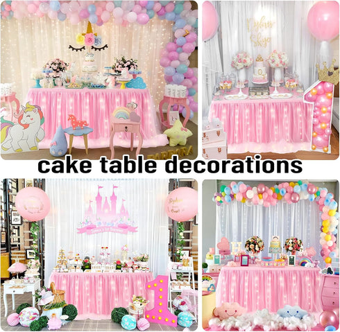 leegleri Pink Tulle Table Skirt for Baby Shower - 6FT Ruffle Tutu with LED Light for Birthday Party Decorations