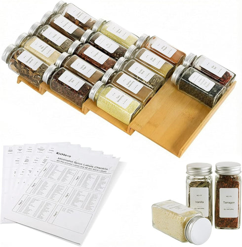 Spice Drawer Organizer with 18 Spice Jars,216 Labels,25 Non-slip Rubber, Bamboo 4