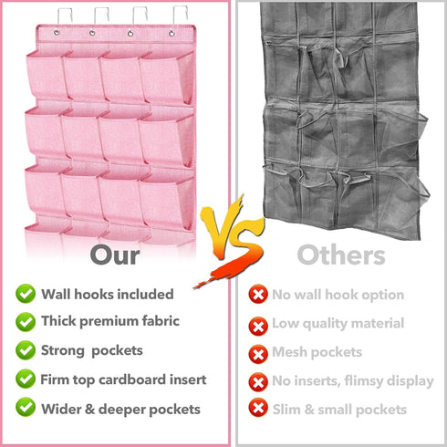 Pink Over the Door Shoe Organizer for Girls, Women, Kids Room | Hanging Rack with 24 Large Pockets & 4 Sturdy Hooks