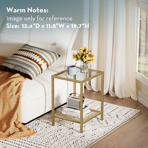 2-Tier Storage,13.3" 11.8" 19.7",Modern SAYGOER Glass Side Table Small Gold End Table for Narrow Space Square