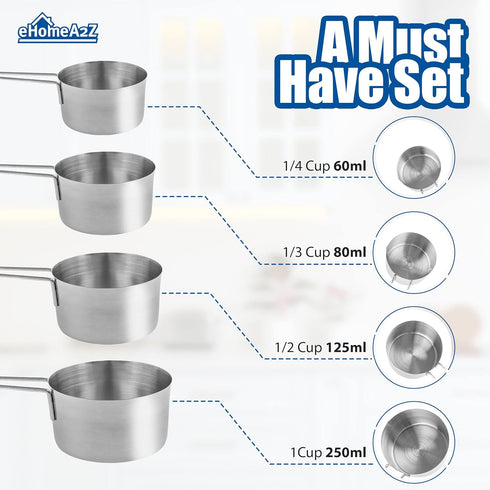 EHOMEA2Z Stainless Steel Measuring Cups Set, 4Pc Metal Culinary Gadgets for Kitchen