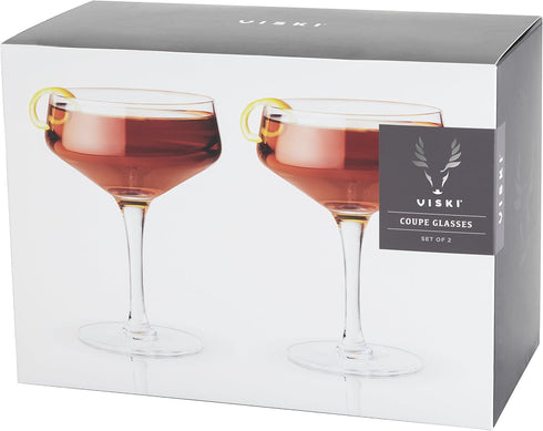 Viski Raye Set of 2 Angled Stemmed Crystal Coupe Cocktail Glasses, 7oz, Drinkware Set