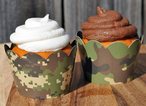 Camouflage Cupcake Wrappers - Set of 24 Reversible for Gender Reveals, Baby Showers, and Birthday Parties
