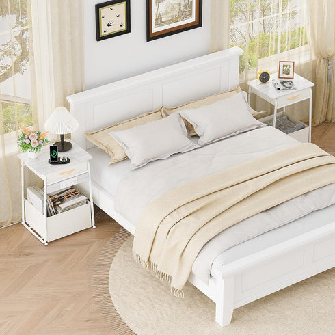 3-Tier Olldide Bedside Table with Storage, Modern Square Nightstand with Fabric Storage Basket & Drawers