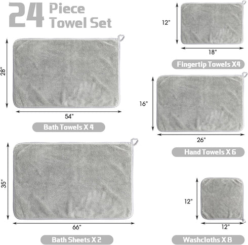24 Set: 2 4 6 8 4 Mixweer Piece Light Grey Microfiber Absorbent Towel Oversized Bath Sheets, Bath Towels, Hand
