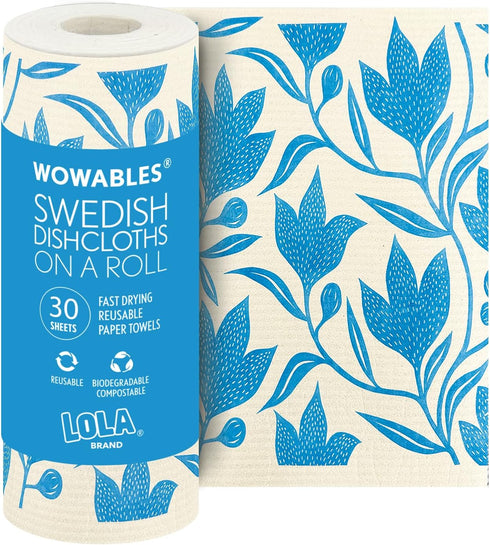 LOLA Swedish Dishcloths XL on a Roll, 30 Sheets, Floral Pattern, Perforated